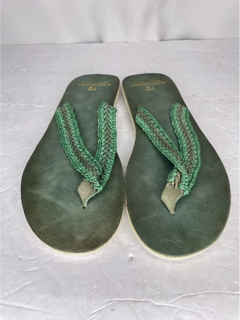Scotch & Soda Green Braided Leather Strap Flip Flops Size 8.5